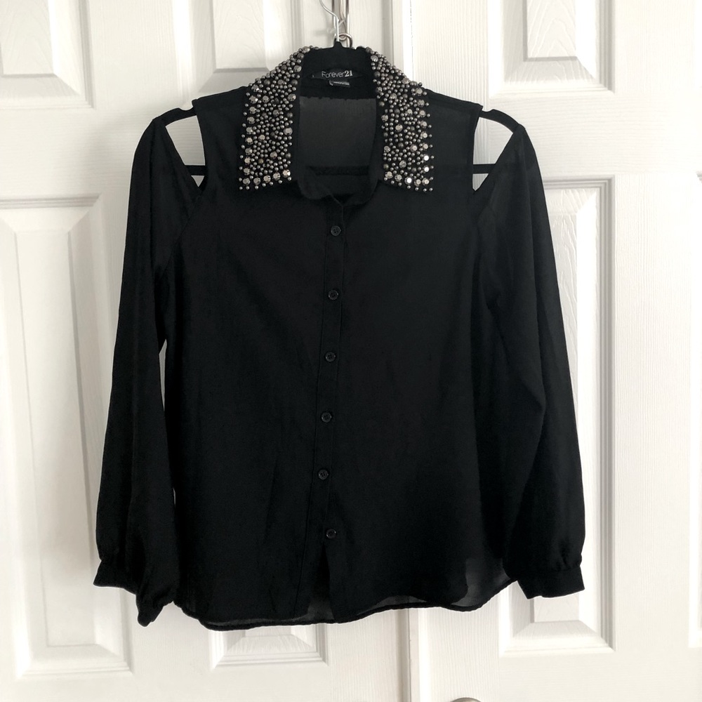 Cold Shoulder, Beaded Embellished Collared Top